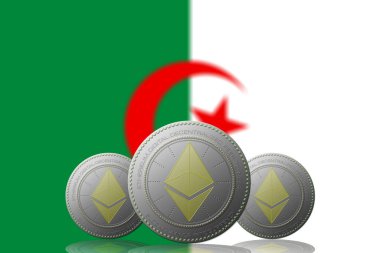 3D İLETİM 3 ETHEREUM kripto para birimi ve arka planda ALGERIA bayrağı.