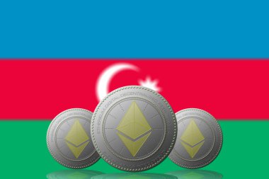 Azerbaycan bayrağı arka planda üç ETHEREUM kripto para birimi.