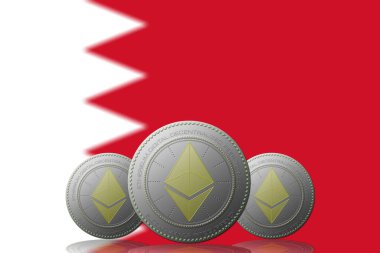 3 Boyutlu İLETİM Arka planında Bahreyn bayrağı olan ETHEREUM şifreleme.