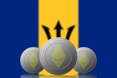 3 Boyutlu İLETİM Arka planında Barbados bayrağı olan ETHEREUM şifreleme.