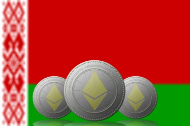 Arka planda Belarus Bielorrusya bayrağı bulunan üç ETHEREUM şifrelemesi.