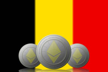 3 Boyutlu İSTİYON 3 ETHEREUM kripto para birimi ve arkasında Belçika bayrağı.