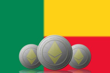 3D BÖLÜM 3 ETHEREUM kripto para birimi ve arkaplanda Benin bayrağı.
