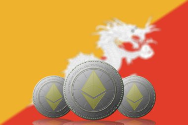 Bhutan bayraklı üç ETHEREUM kripto para birimi.