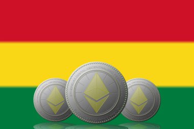 3 Boyutlu İLETİM Arka planında Bolivya bayrağı olan üç ETHEREUM şifreleme.