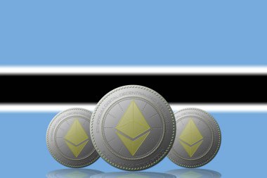 3 Boyutlu İLETİM Arka planında Botsvana bayrağı olan üç ETHEREUM şifreleme.