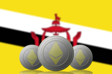 3 Boyutlu İSTİYON 3 ETHEREUM kripto para birimi Brunei bayrağı arka planda.