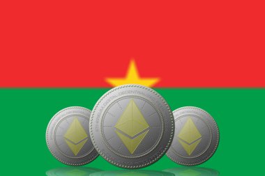 3 Boyutlu İSTİYON 3 ETHEREUM kripto para birimi ve Burkina Faso bayrağı arka planda.