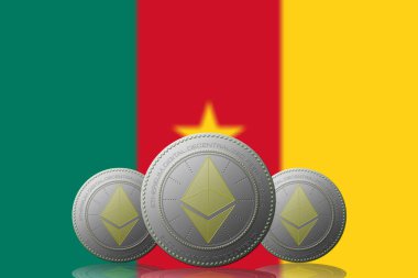 3D İLETİM 3 ETHEREUM kripto para birimi ve arka planda Kamerun bayrağı.