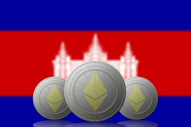 3 Boyutlu İLETİM Arka planda Kamboçya bayrağı olan ETHEREUM şifreleme.