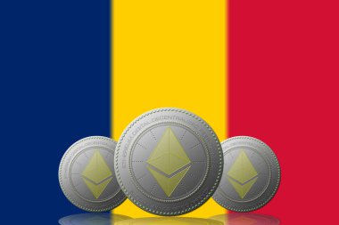 3D BÖLÜM 3 ETHEREUM kripto para birimi ve arka planda Chad bayrağı.