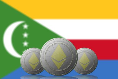 3D BÖLÜM 3 ETHEREUM kripto para birimi ve arkaplanda Komoros bayrağı.