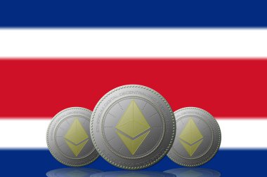 3 Boyutlu İLETİM Arka planında Kosta Rika bayrağı olan üç ETHEREUM şifreleme.