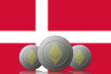 3 Boyutlu İLETİM Arka planda Danimarka bayrağı bulunan ETHEREUM kripto para birimi.