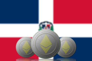 3D İLETİM 3 ETHEREUM kripto para birimi ve arkasında Dominik Cumhuriyeti bayrağı.