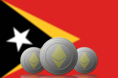 Arka planda Doğu Timor bayrağı bulunan üç ETHEREUM kripto para birimi.