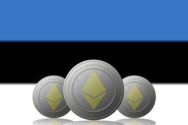 3D BÖLÜM 3 ETHEREUM kripto para birimi ve Estonya bayrağı arka planda.