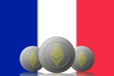 3D BÖLÜM 3 ETHEREUM kripto para birimi ve arkaplanda FRANSA bayrağı.