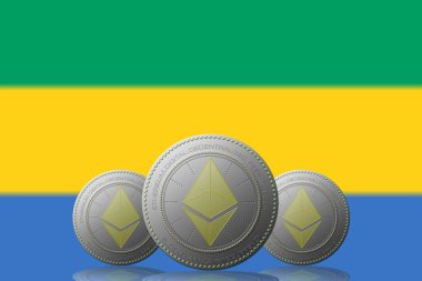 3 Boyutlu İSTİYON 3 ETHEREUM şifrelemesi ve arka planda Gabon bayrağı.