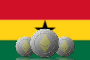 3 Boyutlu İLETİM Arka planında Gana bayrağı bulunan ETHEREUM şifreleme.