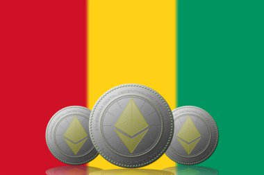 3 Boyutlu İLETİM Arka planda Gine bayrağı bulunan ETHEREUM şifreli para birimi.
