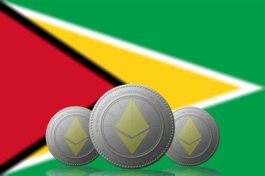 3 Boyutlu İLETİM Arka planında Guyana bayrağı olan ETHEREUM şifreleme.