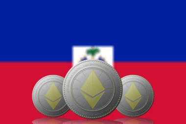 3 Boyutlu İLETİM Arka planında Haiti bayrağı olan ETHEREUM şifreleme.