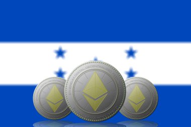 3 Boyutlu İLETİM Arka planında Honduras bayrağı olan ETHEREUM şifreleme.