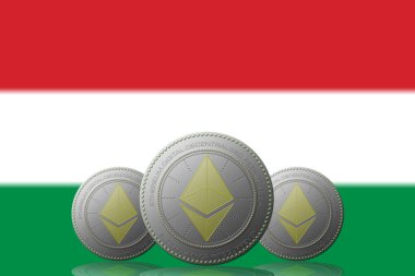 3 Boyutlu İLETİM Arka planda Macaristan bayrağı bulunan ETHEREUM kripto para birimi.