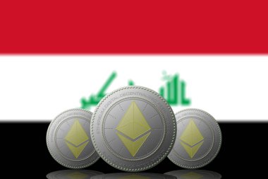 3 Boyutlu İSTİYON 3 ETHEREUM şifrelemesi ve arka planda Irak bayrağı.