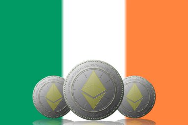 3 Boyutlu İLETİM Arka planda İrlanda bayrağı bulunan ETHEREUM şifreleme.