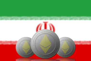 3 Boyutlu İSTİYON Arka planda İran bayrağı bulunan ETHEREUM şifreleme birimi.