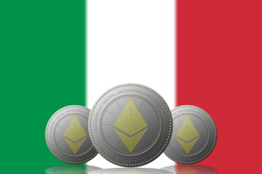 3D İLETİM 3 ETHEREUM kripto para birimi ve arkasında İtalya bayrağı.