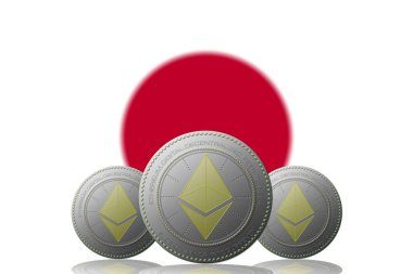 3D BÖLÜM 3 ETHEREUM kripto para birimi ve arka planda Japonya bayrağı.