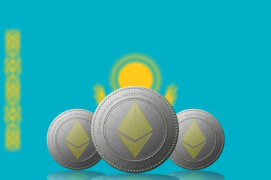 3 Boyutlu İLETİM Arka planında Kazakistan bayrağı olan üç ETHEREUM kripto para birimi.