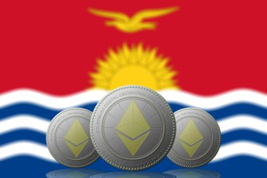 3 Boyutlu İLETİM Arka planda Kiribati bayrağı bulunan üç ETHEREUM kripto para birimi.