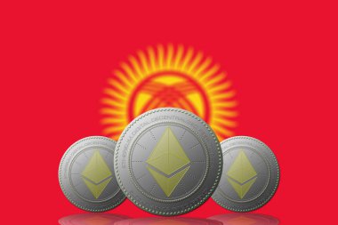 3 Boyutlu İLETİM Arka planda Kırgızistan bayrağı bulunan ETHEREUM şifreleme para birimi.