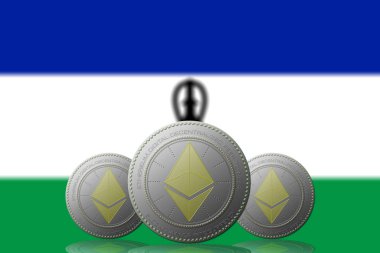 3 Boyutlu İLETİM Arka planında Lesotho bayrağı olan ETHEREUM şifreleme.