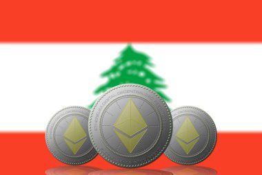3 Boyutlu İLETİM 3 ETHEREUM kripto para birimi ve arkasında Lübnan bayrağı.