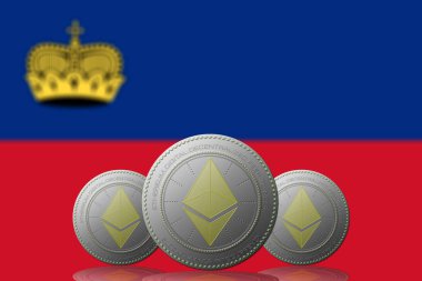 3D İLETİM 3 ETHEREUM kripto para birimi ve arkaplanda Lihtenştayn bayrağı.