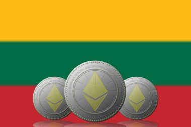 3 Boyutlu İLETİM Arka planında Litvanya bayrağı bulunan ETHEREUM şifreleme.