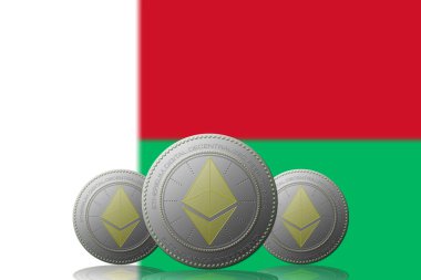 3 Boyutlu İLETİM Arka planda Madagaskar bayrağı bulunan ETHEREUM şifreleme para birimi.
