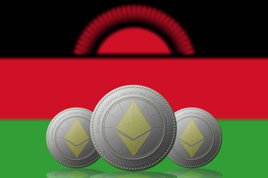 Malawi bayrağı arka planda üç ETHEREUM kripto para birimi.