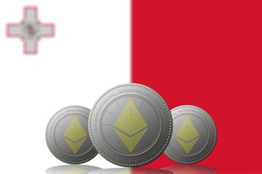 3 Boyutlu İLETİM Arka planında Malta bayrağı olan ETHEREUM şifreleme.