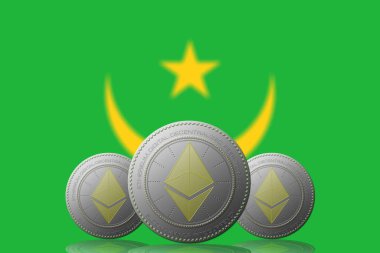 3 Boyutlu İLETİM Arka planda Moritanya bayrağı bulunan ETHEREUM şifreleme birimi.
