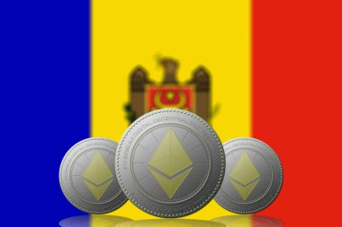 3 Boyutlu İLETİM Arka planda Moldova bayrağı bulunan ETHEREUM kripto para birimi.
