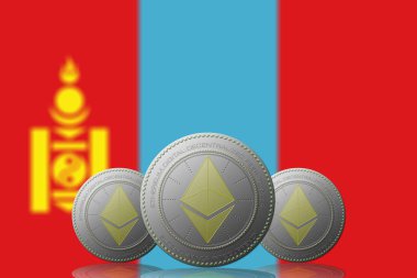 3D BÖLÜM 3 ETHEREUM kripto para birimi ve arka planda Moğolistan bayrağı.