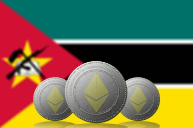 3D İLETİM 3 ETHEREUM kripto para birimi ve arkasında Mozambik bayrağı.
