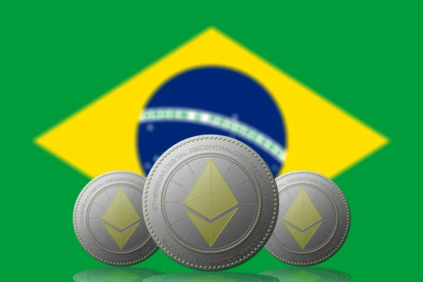 Ilustración Tres Criptomonedas Ethereum Con Bandera Brasil Segundo Plano — Foto de Stock