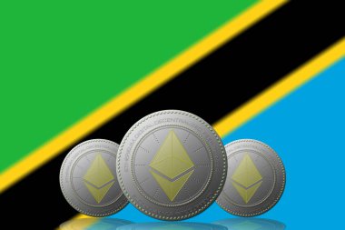 3 Boyutlu İLETİM Arka planda Tanzanya bayrağı bulunan ETHEREUM şifreleme birimi.